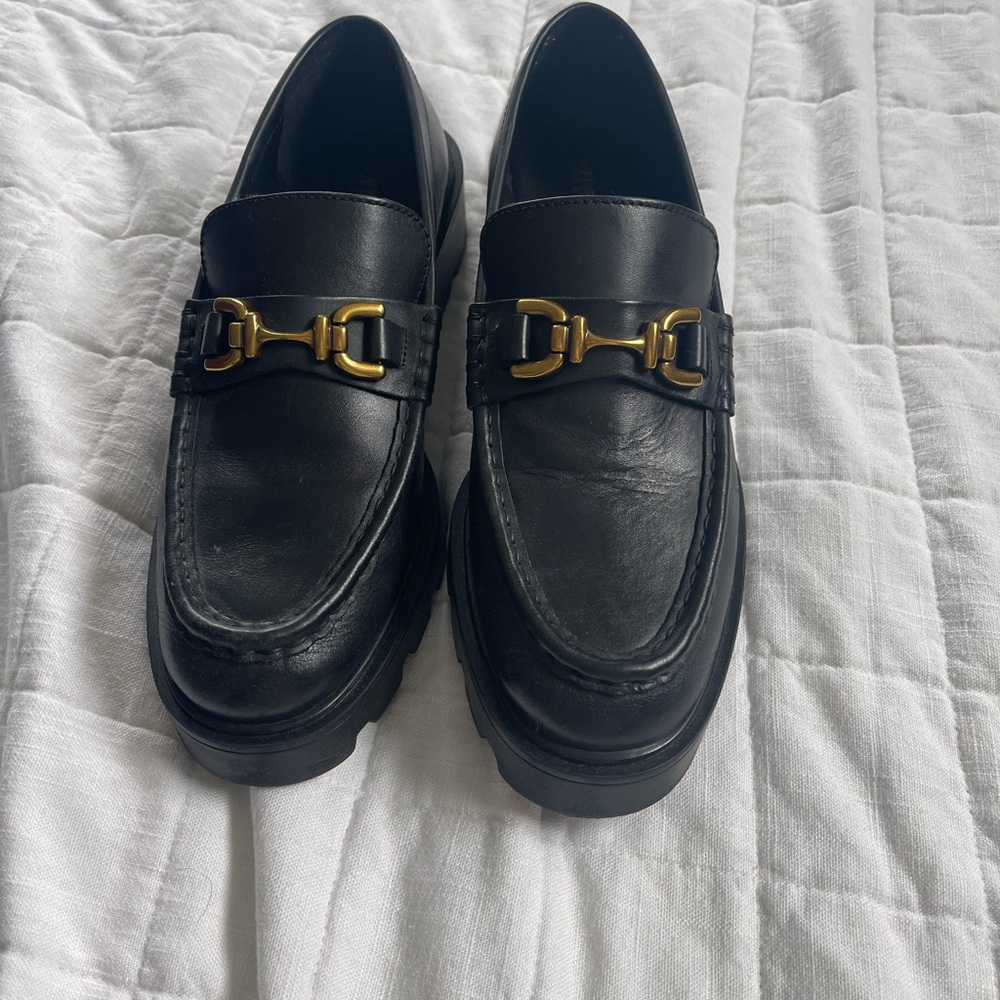 Zara Black Leather Loafers with Gold Accent size 41